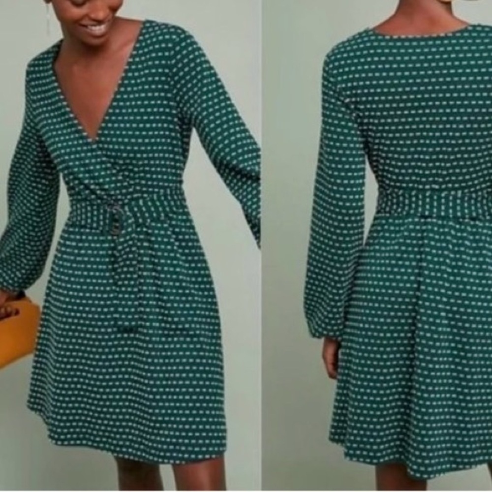 Maeve by Anthropologie Malta Faux Wrap Long Sleeve Belted Dress Dark Green
